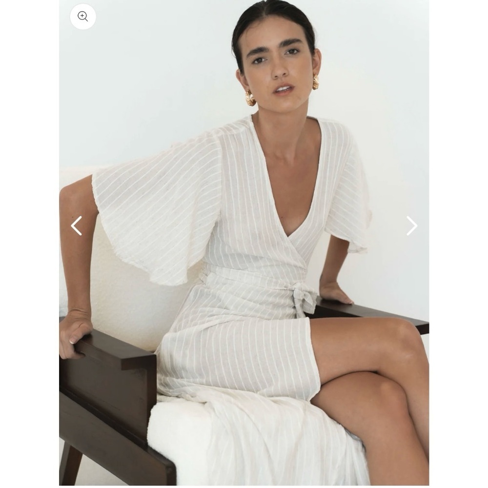 Lu ciee Natural‎ Stripe Linen Blend Wrap Midi Dress Minimalist Classic Chic